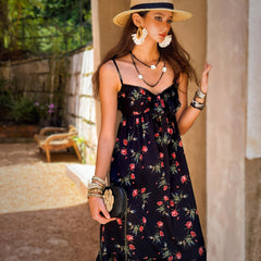Boho Black Floral Maxi Dress, Natural-Fiber Blend Summer Sundress, Spaghetti Strap Flowy Maxi with Rose Print