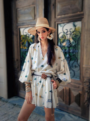 Boho Linen Summer Dress | Flowy Floral Mini Dress | Kimono Sleeves & Belted Fit