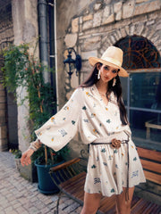 Boho Linen Summer Dress | Flowy Floral Mini Dress | Kimono Sleeves & Belted Fit