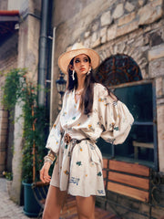 Boho Linen Summer Dress | Flowy Floral Mini Dress | Kimono Sleeves & Belted Fit