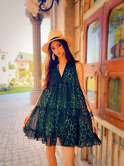 Leopard Print Mini Sundress | Forest Green Boho Tiered Chiffon Summer Dress