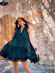 Leopard Print Mini Sundress | Forest Green Boho Tiered Chiffon Summer Dress