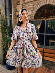 Floral Cotton Mini Dress | Purple Tulip Print Tiered Boho Summer Dress