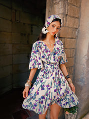 Floral Cotton Mini Dress | Purple Tulip Print Tiered Boho Summer Dress