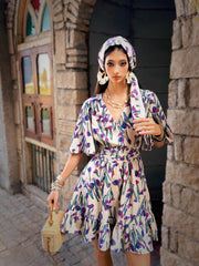 Floral Cotton Mini Dress | Purple Tulip Print Tiered Boho Summer Dress