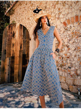 Blue Floral Vest - Linen Blend Vest With Striped Button Design, Tailored Fit