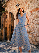 Linen-Blend Blue Midi Dress | Sleeveless V-Neck Button Dress | Floral Stripe Summer Sundress | Cottagecore Picnic Outfit