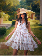 Linen-Blend Boho Sundress, White Floral Summer Dress, Sleeveless Swing Dress, Tiered A-Line Resort Outfit, Casual Holiday Style
