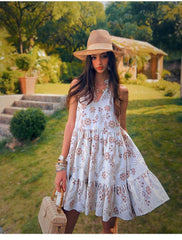 Linen-Blend Boho Sundress, White Floral Summer Dress, Sleeveless Swing Dress, Tiered A-Line Resort Outfit, Casual Holiday Style