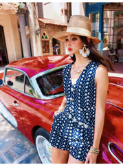 Navy Blue Floral Linen-Blend Button Vest for Women, Boho Summer Waistcoat