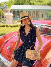 Linen-Blend Boho Floral Shorts, Black High-Waisted Summer Shorts, Elastic Waist Casual Bottoms, Lightweight Resort Wear