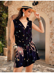 Linen-Blend Boho Floral Shorts, Black High-Waisted Summer Shorts, Elastic Waist Casual Bottoms, Lightweight Resort Wear