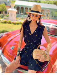 Linen-Blend Boho Floral Shorts, Black High-Waisted Summer Shorts, Elastic Waist Casual Bottoms, Lightweight Resort Wear