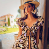 Boho Floral Mini Dress | Cotton Puff Sleeve Empire-Waist Ribbon Tie Summer Dress