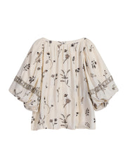Linen Boho Blouse - Floral Embroidered Balloon Sleeve Top with Elastic Neckline