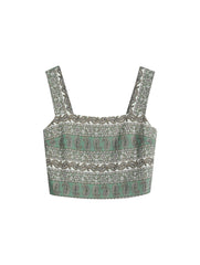 Linen-Blend Boho Paisley Crop Top in Olive Green – Summer Essential