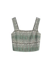 Linen-Blend Boho Paisley Crop Top in Olive Green – Summer Essential