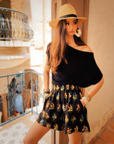 Floral Linen-Blend Boho Shorts, Elastic Waist Summer Shorts with Colorful Flower Print - Dabuwawa