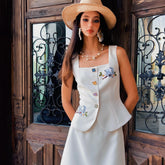 Linen-Blend White Embroidered Button-Up Vest Top for Chic Summer Style