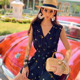 Linen-Blend Black Floral Sleeveless Wrap-Style Top for Effortless Summer Style