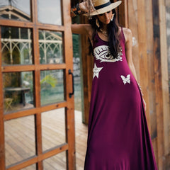 Linen-Blend Purple Graphic Maxi Dress with Spaghetti Straps for Effortless Boho Vibes