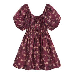 Women’s Purple Floral Puff-Sleeve Linen Blend Dress (Summer Midi)