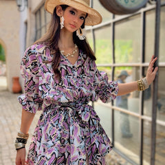 Purple Brushstroke Print Linen-Blend Puff Sleeve Dress with Waist Tie