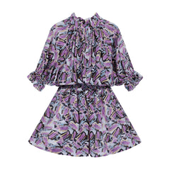 Purple Brushstroke Print Linen-Blend Puff Sleeve Dress with Waist Tie