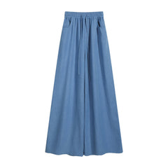 Wide Leg Palazzo Pants Blue, Natural-Fiber Blend, High Waist, Boho Summer Trousers, Lightweight Lounge Pants