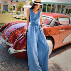 Wide Leg Palazzo Pants Blue, Natural-Fiber Blend, High Waist, Boho Summer Trousers, Lightweight Lounge Pants