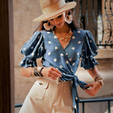 Boho Puff Sleeve Wrap Top | Blue Polka Dot Cotton Blouse Women | Adjustable Tie Waist