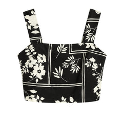 Black Floral Tank Top - Cropped Vintage 90s Blouse With Square Neckline & Wide Straps