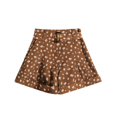 Brown Floral High-Waist Shorts, Natural-Fiber Blend, Boho Summer Belted Shorts