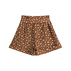 Brown Floral High-Waist Shorts, Natural-Fiber Blend, Boho Summer Belted Shorts
