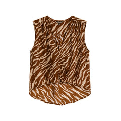 Zebra Print Sleeveless Wrap Blouse, Brown White, Natural-Fiber Blend, Boho Summer Top