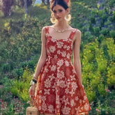 Rust Red Floral Sundress, Natural-Fiber Blend, Boho Fit and Flare Summer Dress