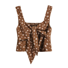 Brown Floral Bow Crop Top, Natural-Fiber Blend, Boho Summer Tank Top
