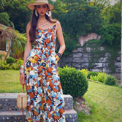 Women’s Tropical Leaf Wide-Leg Jumpsuit — Square Neck, Pockets