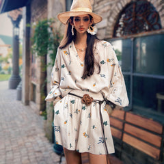 Linen-Blend Boho Floral Print Peasant Blouse with Balloon Sleeves