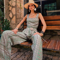 Linen-Blend Boho Wide Leg Pants in Vintage Paisley Print, High Waist Relaxed Fit Trousers