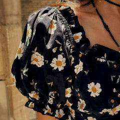 Daisy Print Mini Dress - Puff Sleeve Navy Floral Summer Boho A-Line