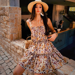 Boho Tiered Sundress – Brown & Ochre Animal Print – Summer Ruffle Dress – Natural-Fiber Blend – Flowy Sleeveless Midi