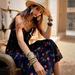 Boho Black Floral Maxi Dress, Natural-Fiber Blend Summer Sundress, Spaghetti Strap Flowy Maxi with Rose Print