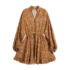 Vintage inspired puff sleeve boho summer dress caramel floral mini