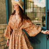 Vintage inspired puff sleeve boho summer dress caramel floral mini