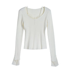 Lace Trim Ribbed Knit Top, Slim Long Sleeve Layering Tee in Black or Ivory