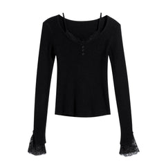 Lace Trim Ribbed Knit Top, Slim Long Sleeve Layering Tee in Black or Ivory