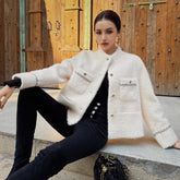 French Chic Ivory Boucle Jacket with Scallop Trim Pockets