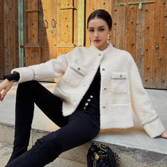 French Chic Ivory Boucle Jacket with Scallop Trim Pockets