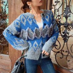 Cozy Academia Blue Argyle Ruffle Cardigan, Soft Knit Statement Jumper
